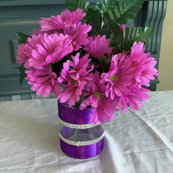 Vase embellished with purple satin ribbon & rhinestones with silk Gerber… - Picture 1 of 4